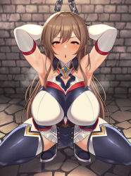 Rule 34 | 1girl, armpits, black thighhighs, blush, breasts, brown hair, chain, chained, chained wrists, furen e lustario, large breasts, long hair, nijisanji, open mouth, red eyes, skirt, solo, squatting, steaming body, sweat, thighhighs, veryhardloco, virtual youtuber, zettai ryouiki