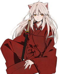 Rule 34 | 1boy, :/, animal ears, bead necklace, beads, bow, brown eyes, closed mouth, dog boy, dog ears, fingernails, hand on own leg, inuyasha, inuyasha (character), invisible chair, japanese clothes, jewelry, katana, kimono, long fingernails, long hair, long sleeves, looking at viewer, male focus, necklace, pants, red bow, red kimono, red pants, sheath, sheathed, sidelocks, simple background, sitting, sleeves past wrists, sword, weapon, white background, white hair, wide sleeves, yukimori nene