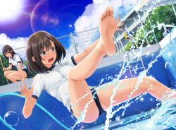 Rule 34 | 2girls, ass, barefoot, black hair, blue buruma, blue sky, breasts, brown eyes, buruma, cloud, cloudy sky, commentary request, cooler, day, empty pool, feet, fence, gym uniform, hair between eyes, hose, medium breasts, multiple girls, nonaka ritsu, open mouth, original, outdoors, pool, pool ladder, shirt, short sleeves, sky, slipping, soles, solo focus, squatting, toes, water, white shirt