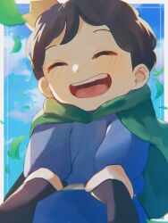 Rule 34 | 1boy, black hair, blue shirt, blush, bojji, cape, child, close-up, closed eyes, commentary request, crown, green cape, highres, machida 0906, male focus, open mouth, ousama ranking, shirt, short hair, sky, smile, solo