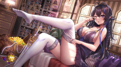 Rule 34 | 1girl, absurdres, antenna hair, bare arms, bare shoulders, black hair, blue eyes, blue hair, blush, breasts, cleavage, coin, feet, gu li, highres, indie virtual youtuber, indoors, large breasts, legs, long hair, looking at viewer, multicolored hair, one eye closed, parted lips, pointy ears, sitting, solo, streaked hair, thighhighs, thighs, treasure, treasure chest, virtual youtuber, white thighhighs