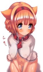 Rule 34 | 1girl, alice margatroid, animal ears, bad id, bad pixiv id, blonde hair, blue eyes, blush, breasts, capelet, cat ears, cat girl, cream (nipakupa), female focus, hairband, kemonomimi mode, large breasts, looking at viewer, navel, nude, pussy, simple background, solo, touhou, translation request, uncensored, white background