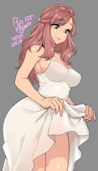 Rule 34 | 1girl, 2020, agawa ryou, artist name, bare shoulders, breasts, brown eyes, commentary, dated, dress, grey background, long hair, looking down, medium breasts, original, red hair, signature, simple background, smile, solo, thighs, white dress, wide hips