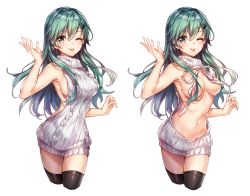 Rule 34 | 10s, 1girl, backless outfit, bad id, bad pixiv id, bare shoulders, black thighhighs, breasts, cowboy shot, cropped legs, green eyes, green hair, hair censor, hair ornament, hair over breasts, hairclip, kantai collection, large breasts, long hair, looking at viewer, meme attire, multiple views, navel, one eye closed, simple background, suzuya (kancolle), sweater, thighhighs, tongue, tongue out, variations, virgin killer sweater, white background, white sweater, yuli (yulipo)