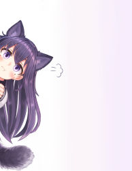 Rule 34 | 1girl, :t, akatsuki (kancolle), animal ears, bad id, bad pixiv id, blush, closed mouth, fox ears, fox tail, fume, gradient background, highres, kantai collection, kemonomimi mode, long hair, long sleeves, peeking out, pout, purple background, purple eyes, purple hair, reitou mikan, solo, straight hair, tail, v-shaped eyebrows