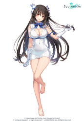 Rule 34 | 1girl, absurdres, bare legs, bare shoulders, barefoot, black hair, blue ribbon, bow, bowtie, breasts, cleavage, cleavage cutout, clothing cutout, cosplay, covered navel, dress, dungeon ni deai wo motomeru no wa machigatteiru darou ka, gloves, hair ornament, hestia (danmachi), hestia (danmachi) (cosplay), highres, holding, holding hair, iris yuma, large breasts, leg up, long hair, looking at viewer, mimi (ranma3049), official art, parted lips, red eyes, rei no himo, ribbon, short dress, simple background, sleeveless, sleeveless dress, solo, soulworker, standing, standing on one leg, thighs, very long hair, watermark, white background, white dress, white gloves