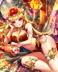 Rule 34 | 1girl, blonde hair, blush, bracelet, breasts, candle, cleavage, closed mouth, company name, earrings, eu (euspia), flower, hair flower, hair ornament, jewelry, large breasts, long hair, looking at viewer, lying, maboroshi juuhime, navel, on side, red eyes, smile, solo, tongue, tongue out