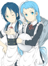 Rule 34 | 2girls, alternate costume, apron, blue eyes, blue hair, buttons, green eyes, kantai collection, long hair, long sleeves, maid, multiple girls, ninimo nimo, one eye closed, red ribbon, ribbon, samidare (kancolle), short sleeves, simple background, smile, suzukaze (kancolle), very long hair, white apron, white background