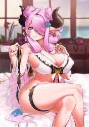 Rule 34 | 1girl, absurdres, bikini, bikini bottom only, unworn bikini bottom, bikini top only, blue eyes, blurry, bottomless, breasts, cleavage, crossed legs, curvy, depth of field, double bun, draph, earrings, frilled bikini, frills, granblue fantasy, hair bun, hair ornament, hair over one eye, hairclip, highres, holding, holding bikini, holding bikini bottom, holding clothes, holding swimsuit, horns, jewelry, kourui, large breasts, lock, long hair, narmaya (granblue fantasy), narmaya (summer) (granblue fantasy), on bed, pink hair, pointy ears, ring, shiny skin, sitting, solo, swimsuit, thick thighs, thigh strap, thighs, very long hair, white bikini, wide hips, window