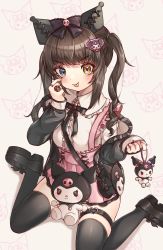 Rule 34 | 1girl, :p, absurdres, akanbe, black bag, black hair, black jacket, black thighhighs, blue eyes, blush, bow, brown hair, buckle, collared shirt, commentary request, eyelid pull, finger to eye, hair ornament, hairclip, heart, heart-shaped buckle, heterochromia, highres, holding charm, jacket, jewelry, long sleeves, looking at viewer, nail polish, narurock8925, original, overall skirt, pink skirt, pleated skirt, purple bow, red nails, ring, shirt, shirt tucked in, sidelocks, sitting, skirt, smile, solo, stuffed animal, stuffed toy, thigh strap, thighhighs, tongue, tongue out, twintails, v-shaped eyebrows, wariza, white shirt, yellow eyes