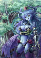 Rule 34 | 1girl, armor, asmodeus (shinrabanshou), black sclera, blue hair, blue skin, breasts, cleavage, colored sclera, colored skin, flower, gauntlets, hat, highres, horns, large breasts, long hair, low wings, navel, open mouth, plant, pointy ears, rose, shinrabanshou, shouma (bravespiritya), slit pupils, solo, thighhighs, tree, vines, wings, yellow eyes