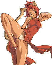 Rule 34 | 00s, 1girl, animal ears, breasts, brown eyes, cameltoe, cat ears, cat tail, china dress, chinese clothes, cleft of venus, dress, facial mark, final fantasy, final fantasy xi, gochou (kedama), hair up, leg lift, legs, mithra (ff11), panties, pussy, red hair, see-through, shiny skin, sideboob, simple background, solo, tail, underwear, wardrobe malfunction
