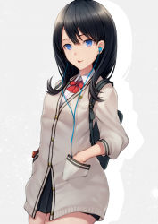 Rule 34 | 10s, 1girl, backpack, bad id, bad pixiv id, bag, black hair, black skirt, blue eyes, bow, breasts, earphones, grey background, gridman universe, hands in pockets, hip focus, kyoeiki, long hair, long sleeves, looking at viewer, pleated skirt, school uniform, scrunchie, skirt, small breasts, smile, solo, ssss.gridman, sweater, takarada rikka, tongue, tongue out, white sweater, wrist scrunchie