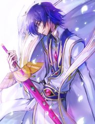 Rule 34 | 1boy, c (rahit), cape, code geass, formal, holding, holding sword, holding weapon, lelouch vi britannia, long sleeves, male focus, parted lips, profile, purple eyes, purple hair, smile, solo, standing, sword, weapon, white cape