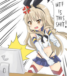 Rule 34 | &gt;:o, 10s, 1girl, :o, anger vein, angry, animal ears, artist name, bad id, bad pixiv id, commentary request, english text, fake animal ears, harurun zw, kantai collection, logo parody, monitor, profanity, punching, shimakaze (kancolle), solo, speech bubble, v-shaped eyebrows