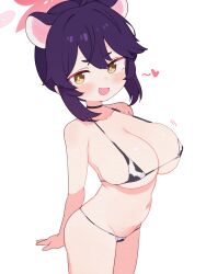 Rule 34 | 1girl, absurdres, animal ears, animal print, bare arms, bare legs, bare shoulders, bikini, blue archive, blush, breasts, cleavage, cow print, cow print bikini, cowboy shot, extra ears, fang, hair between eyes, halo, highres, kaede (blue archive), large breasts, lk149, looking at viewer, navel, open mouth, oppai loli, pink halo, print bikini, purple hair, short hair, simple background, skin fang, smile, solo, swimsuit, white background, white bikini, yellow eyes