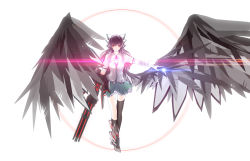 Rule 34 | 1girl,  129a, alternate weapon, arm cannon, asymmetrical wings, bandaged arm, bandages, black hair, black socks, black wings, boots, bow, breasts, collared shirt, energy, expressionless, frilled skirt, frills, green skirt, hair bow, highres, kneehighs, large breasts, large wings, light trail, looking at viewer, armored boots, miniskirt, outstretched arm, red eyes, reiuji utsuho, shirt, short sleeves, simple background, single boot, single kneehigh, single sock, single thighhigh, skirt, socks, solo, thighhighs, third eye, touhou, weapon, white background, white shirt, wings