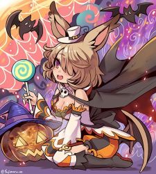 Rule 34 | althemia, animal ears, bat (animal), boots, breasts, brown hair, candy, cape, dragalia lost, food, fujimaru (green sparrow), garter straps, hair over one eye, halloween costume, hat, jack-o&#039;-lantern, knee boots, lollipop, medium breasts, medium hair, mini hat, mini top hat, official alternate costume, open mouth, purple eyes, rabbit ears, silk, solo, spider web, top hat