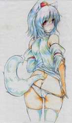 Rule 34 | 1girl, absurdres, animal ears, ass, bad id, bad pixiv id, blush, butt crack, colored pencil (medium), detached sleeves, hat, highres, inubashiri momiji, kitazinger, looking at viewer, looking back, no pants, panties, red eyes, solo, tail, thighhighs, tokin hat, touhou, traditional media, underwear, white panties, white thighhighs, wolf ears, wolf tail