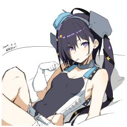 Rule 34 | 1girl, absurdres, aqua hat, bigkwl, black hair, black one-piece swimsuit, black ribbon, breasts, competition swimsuit, dated, garrison cap, gloves, grey eyes, hair ornament, hat, headgear, highleg, highleg swimsuit, highres, kantai collection, long hair, mouth hold, one-hour drawing challenge, one-piece swimsuit, ribbon, scamp (kancolle), short shorts, shorts, side ponytail, small breasts, solo, star (symbol), star hair ornament, swimsuit, twitter username, two-tone one-piece swimsuit, white gloves, white shorts