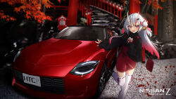 Rule 34 | 1girl, :d, bag, bow, car, fang, gradient hair, hair bow, hair bun, high-waist skirt, highres, hololive, horns, long hair, long sleeves, looking at viewer, looking back, motor vehicle, multicolored hair, nail polish, nakiri ayame, nissan, nissan fairlady z, nissan z (rz34), nissan z proto, open mouth, puffy long sleeves, puffy sleeves, red eyes, red hair, red nails, red skirt, shoulder bag, skin-covered horns, skirt, smile, solo, standing, standing on one leg, vehicle focus, virtual youtuber, white hair, white tail, you&#039;a