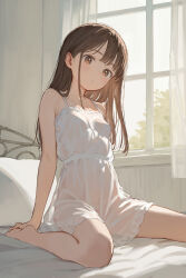 Rule 34 | 1girl, akipeko, bare legs, barefoot, bed, breasts, brown eyes, brown hair, camisole, dress, highres, long hair, looking at viewer, on bed, original, revision, see-through, seiza, sitting, small breasts, solo, spaghetti strap, white camisole, window