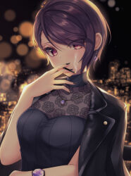 Rule 34 | 1girl, absurdres, black jacket, black nails, black shirt, blurry, blurry background, breasts, cigarette, city, covering own mouth, earrings, floral print, gundou mirei, gundou mirei (5th costume), highres, jacket, jacket on shoulders, jewelry, leather, leather jacket, looking at viewer, medium breasts, necklace, night, nijisanji, purple eyes, purple hair, rai (newtype xm-x1), ribbed shirt, see-through, shirt, short hair, smoke, solo, swept bangs, tank top, turtleneck, upper body, virtual youtuber, watch, white tank top, wristwatch