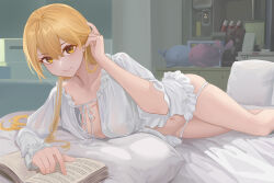 Rule 34 | 1girl, bed sheet, blonde hair, book, breasts, chinese commentary, closed mouth, collarbone, commentary request, girls&#039; frontline, girls&#039; frontline 2: exilium, tucking hair, indoors, large breasts, long hair, long sleeves, looking at viewer, lying, moran (pixiv27824646), navel, no bra, on bed, on side, open book, ots-14 (girls&#039; frontline), panties, pillow, skirt, smile, solo, stuffed animal, stuffed toy, underwear, white panties, white skirt, yellow eyes
