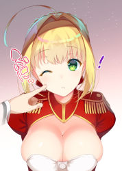 Rule 34 | !, 10s, 1girl, ahoge, asahina hikage, blonde hair, braid, breasts, cleavage, epaulettes, fate/extra, fate (series), gradient background, green eyes, hair intakes, large breasts, looking at viewer, nero claudius (fate), nero claudius (fate) (all), nero claudius (fate/extra), one eye closed, poking, skindentation, smile, solo, upper body