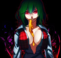Rule 34 | 1girl, bad id, bad pixiv id, between breasts, breasts, center opening, cleavage, female focus, glowing, glowing eyes, green hair, grin, hebino rai, kazami yuuka, large breasts, mouth hold, naughty face, no bra, open clothes, open shirt, plaid, plaid vest, red eyes, shirt, short hair, smile, solo, tenjou, touhou, vest