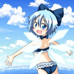 Rule 34 | 1girl, :d, alternate costume, bad id, bad pixiv id, beach, bikini, blue bikini, blue eyes, blue hair, blue sky, blush, bow, bowtie, cirno, cloud, day, fang, frilled bikini, frills, glowing, glowing wings, hair bow, highres, ice, ice wings, looking at viewer, looking back, matching hair/eyes, miitan (kazamiita), ocean, open mouth, outdoors, outstretched arms, short hair, sky, smile, solo, swimsuit, touhou, tsurime, wings