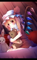 Rule 34 | 1girl, akabeko (ku-enn), blonde hair, check commentary, commentary request, hugging doll, flandre scarlet, hat, hat ribbon, highres, letterboxed, looking at viewer, mob cap, hugging object, pout, puffy sleeves, red eyes, ribbon, shirt, short sleeves, side ponytail, sitting, skirt, skirt set, solo, stuffed animal, stuffed rabbit, stuffed toy, teddy bear, touhou, vest, wariza, wings