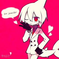Rule 34 | 1boy, artist name, black gloves, buttons, colored skin, commission, commissioner name, fins, fish tail, formal, funamusea, funamusea (artist), gloves, heart, official art, one eye closed, oounabara to wadanohara, pants, pink background, red eyes, shark boy, shark fin, shark tail, simple background, skeb commission, smile, solo, suit, syake (funamusea), tail, white hair, white pants, white skin, white suit