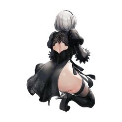 Rule 34 | 1girl, 2b (nier:automata), absurdres, ass, back, black blindfold, black dress, blindfold, boots, breasts, cleavage, cleavage cutout, clothing cutout, collaboration, covered eyes, crossover, curvy, dress, feather-trimmed sleeves, gloves, goddess of victory: nikke, highres, holding, holding weapon, huge ass, large breasts, leotard, leotard under clothes, long sleeves, nier:automata, nier (series), official art, shiny skin, short hair, solo, squatting, thick thighs, thighhighs, thighhighs under boots, thighs, weapon, white hair, wide hips
