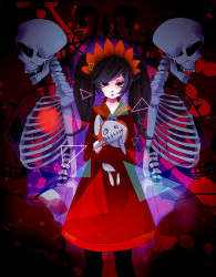 Rule 34 | 1girl, artist request, ashley (warioware), black hair, bone, crossed arms, dress, expressionless, heart, highres, lips, looking at viewer, mario (series), nintendo, pantyhose, red dress, red eyes, ribs, shaded face, short hair, skeleton, skull, standing, stuffed animal, stuffed rabbit, stuffed toy, twintails, warioware
