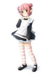 Rule 34 | 1girl, apron, black dress, black footwear, bloomers, blush, closed mouth, commentary request, double bun, dress, frilled apron, frills, full body, hair bun, hand up, highres, long sleeves, original, pink hair, pointy ears, red eyes, shadow, shibacha, shoes, short hair, simple background, sleeves past wrists, smile, solo, standing, striped clothes, striped thighhighs, thighhighs, underwear, white apron, white background, white bloomers