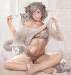 Rule 34 | 1girl, animal ears, bare legs, barefoot, bra, cat, cat ears, cat tail, choker, clothes lift, feet, grey eyes, grey hair, indian style, lifted by self, looking at viewer, navel, needle, off-shoulder sweater, off shoulder, one eye closed, original, panties, realistic, short hair, sitting, soles, solo, spread toes, sweater, sweater lift, tail, teemu taiga, teeth, thread, toes, underwear
