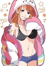 Rule 34 | 1girl, bare shoulders, bikini, bikini top only, breasts, character name, chiya op, cleavage, collarbone, cosplay, cowboy shot, earrings, finger to mouth, heart, highres, hood, hooded jacket, jacket, jewelry, large breasts, long hair, long sleeves, looking at viewer, midriff, nami (one piece), navel, one piece, one piece film: red, orange eyes, orange hair, short shorts, shorts, shoulder tattoo, smile, star (symbol), swimsuit, tattoo, uta (one piece), uta (one piece) (cosplay), white background, zeus (one piece)