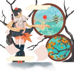 Rule 34 | 1girl, absurdres, architecture, autumn leaves, bare tree, black hair, black skirt, black socks, commentary, deer va6, east asian architecture, english commentary, full body, geta, hat, hauchiwa, highres, holding, kneehighs, leaf print, pleated skirt, pom pom (clothes), print scarf, puffy short sleeves, puffy sleeves, red footwear, red hat, red tassel, scarf, shameimaru aya, shirt, short hair, short sleeves, skirt, socks, solo, standing, tengu-geta, tokin hat, touhou, tree, white shirt, yellow scarf