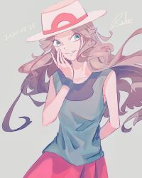 1girl 2020 arm_behind_back artist_name black_wristband blue_eyes brown_hair creatures_(company) dated floating_hair game_freak grey_background grin hand_up hat highres leaf_(pokemon) long_hair nintendo pokemon pokemon_frlg porkpie_hat r.aka. red_skirt skirt smile solo very_long_hair white_hat