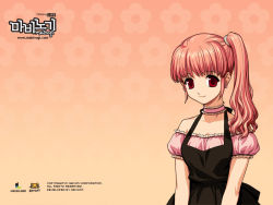 Rule 34 | 1girl, choker, copyright name, del-chan, del (mabinogi), gradient background, korean text, mabinogi, official art, official wallpaper, pink hair, red background, red eyes, red hair, side ponytail, solo, wallpaper