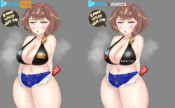 Rule 34 | 1girl, 2koma, alternate hairstyle, anya melfissa, asking for sex, bikini, black bikini, blush, breasts, brown hair, comic, condom, condom box, denim, denim shorts, eddarxart, english text, hair between eyes, hair ornament, highres, hololive, hololive indonesia, indonesian text, large breasts, looking at viewer, low ponytail, midriff, navel piercing, nijihub (meme), official alternate hairstyle, open fly, piercing, purple eyes, raised eyebrow, short shorts, shorts, shortstack, smug, speech bubble, steaming body, sweat, sweatdrop, swimsuit, thick thighs, thighs, virtual youtuber