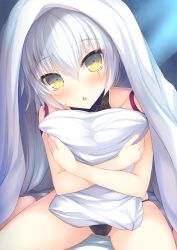 Rule 34 | 1girl, :o, bare arms, bare legs, bare shoulders, bed sheet, bikini, bikini bottom only, black bikini, blanket, blush, crossed arms, fate/grand order, fate (series), hair between eyes, head tilt, jack the ripper (fate/apocrypha), hugging object, open mouth, pillow, pillow hug, scar, scar across eye, scar on face, short hair, shoulder tattoo, silver hair, sitting, skindentation, solo, swimsuit, taiki ken, tattoo, under covers, wariza, yellow eyes