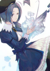 Rule 34 | 1girl, ahoge, back bow, beret, black hat, black pantyhose, blue hair, blue skirt, bow, commentary, cropped jacket, frilled skirt, frills, hat, idolmaster, idolmaster (classic), juliet sleeves, layered skirt, long sleeves, looking at viewer, miura azusa, pantyhose, puffy sleeves, red eyes, sayuumigi, short hair, short sleeves, skirt, solo, white skirt