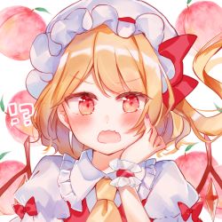 Rule 34 | !?, 1girl, blonde hair, blush, bow, collared shirt, commentary request, flandre scarlet, food, frilled shirt collar, frills, fruit, hand on own face, hand up, hat, long hair, looking at viewer, mob cap, moko (mokochisa), nail polish, one side up, open mouth, peach, puffy short sleeves, puffy sleeves, red bow, red eyes, red nails, red vest, shirt, short sleeves, solo, touhou, upper body, v-shaped eyebrows, vest, wavy mouth, white background, white hat, white shirt, yellow neckwear