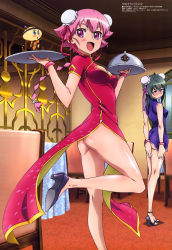 Rule 34 | 00s, 3girls, :d, :o, absurdres, ahoge, alternate hairstyle, ass, blue dress, blue eyes, blush, bracelet, braid, breasts, bun cover, ceiling, chair, china dress, chinese clothes, cleavage, cleavage cutout, clothing cutout, colored skin, covering privates, covering ass, double bun, dress, dress tug, dual wielding, embarrassed, fighting stance, fingernails, flipped hair, frills, from side, green hair, hair between eyes, hair bun, hair ribbon, hat, high heels, highres, holding, holding tray, indoors, jewelry, kannagi itsuki, kneepits, leg lift, leg up, leopard (sorakake), long fingernails, long hair, long legs, looking at viewer, looking back, medium breasts, megami magazine, multiple girls, no panties, no socks, non-web source, obuchi yousuke, official art, open mouth, petals, pink eyes, pink hair, purple eyes, red dress, ribbon, scan, serving dome, shiny skin, shishidou akiha, shishidou imoko, shoes, short dress, short hair, short sleeves, side slit, single braid, size difference, smile, sora wo kakeru shoujo, standing, standing on one leg, tablecloth, tears, tray, turtleneck, upskirt, waitress, watermark, yellow skin