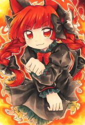 Rule 34 | 1girl, animal ears, black bow, black dress, bow, bowtie, braid, cat ears, dress, fire, frilled dress, frilled sleeves, frills, hair bow, highres, kaenbyou rin, long sleeves, maa (forsythia1729), red eyes, red hair, solo, touhou, twin braids