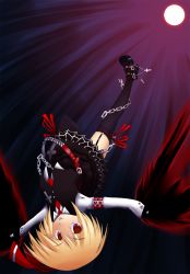 Rule 34 | 1girl, :p, alternate costume, belt, blonde hair, boots, chain, cross, embodiment of scarlet devil, female focus, hair ribbon, leather, necktie, red eyes, ribbon, rumia, solo, spikes, thighhighs, tongue, tongue out, touhou, upside-down, vest, zelos, zelos (photon blitz)