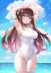 Rule 34 | 1girl, :o, armpits, arms behind head, arms up, ayamy, bandaged leg, bandages, bandaid, bare arms, bare shoulders, bell, black choker, bow, breasts, brown hair, choker, clothing cutout, cloud, competition swimsuit, covered navel, cowboy shot, day, gluteal fold, groin, hair bow, hair ornament, hairclip, hanamori healthy, highleg, highleg swimsuit, highres, impossible clothes, impossible swimsuit, indie virtual youtuber, jingle bell, large breasts, one-piece swimsuit, one side up, outdoors, parted lips, side cutout, sideboob, skindentation, solo, standing, swimsuit, taut clothes, taut swimsuit, thigh gap, thighs, virtual youtuber, wet, white one-piece swimsuit