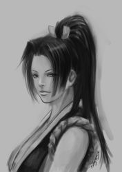Rule 34 | 1girl, breasts, cleavage, fatal fury, greyscale, hair ribbon, highres, large breasts, lips, long hair, monochrome, ninja, nose, ponytail, realistic, ribbon, shiranui mai, signature, sketch, snk, solo, solusemsu, the king of fighters